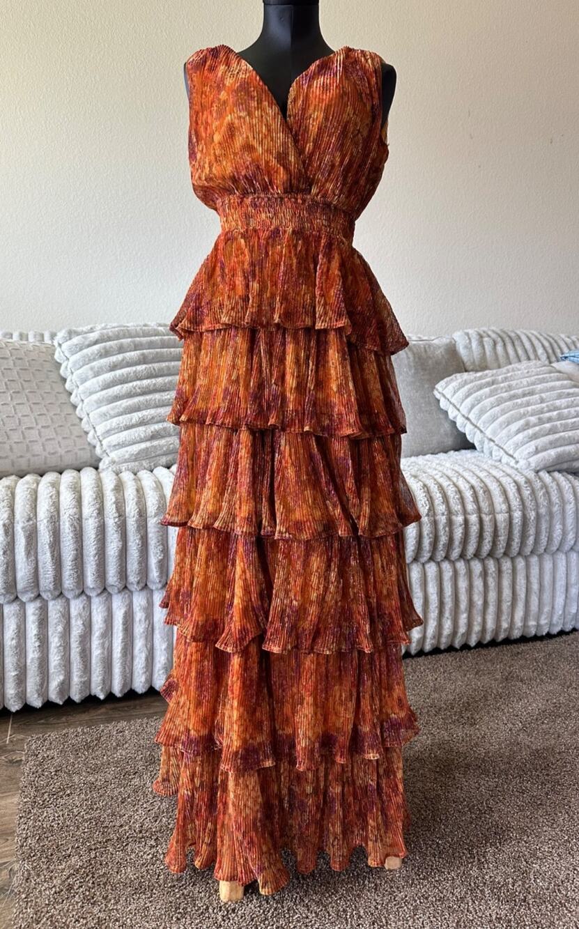 VICI Gildelle Printed Tiered Maxi Dress Rust Orange Accordion Pleat Boho XS 166